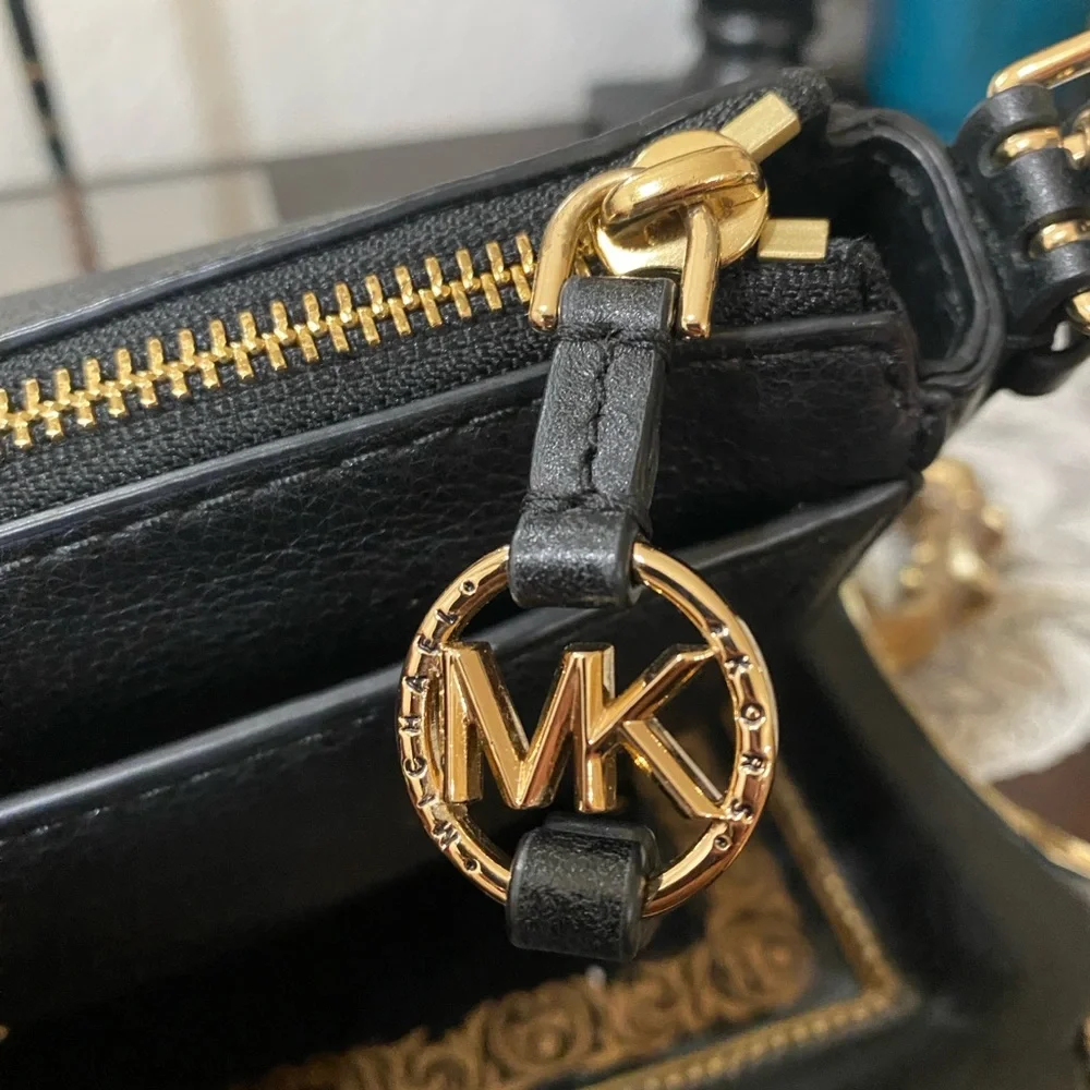 Michael Kors Black Leather Shoulder Bag with Gold Hardware